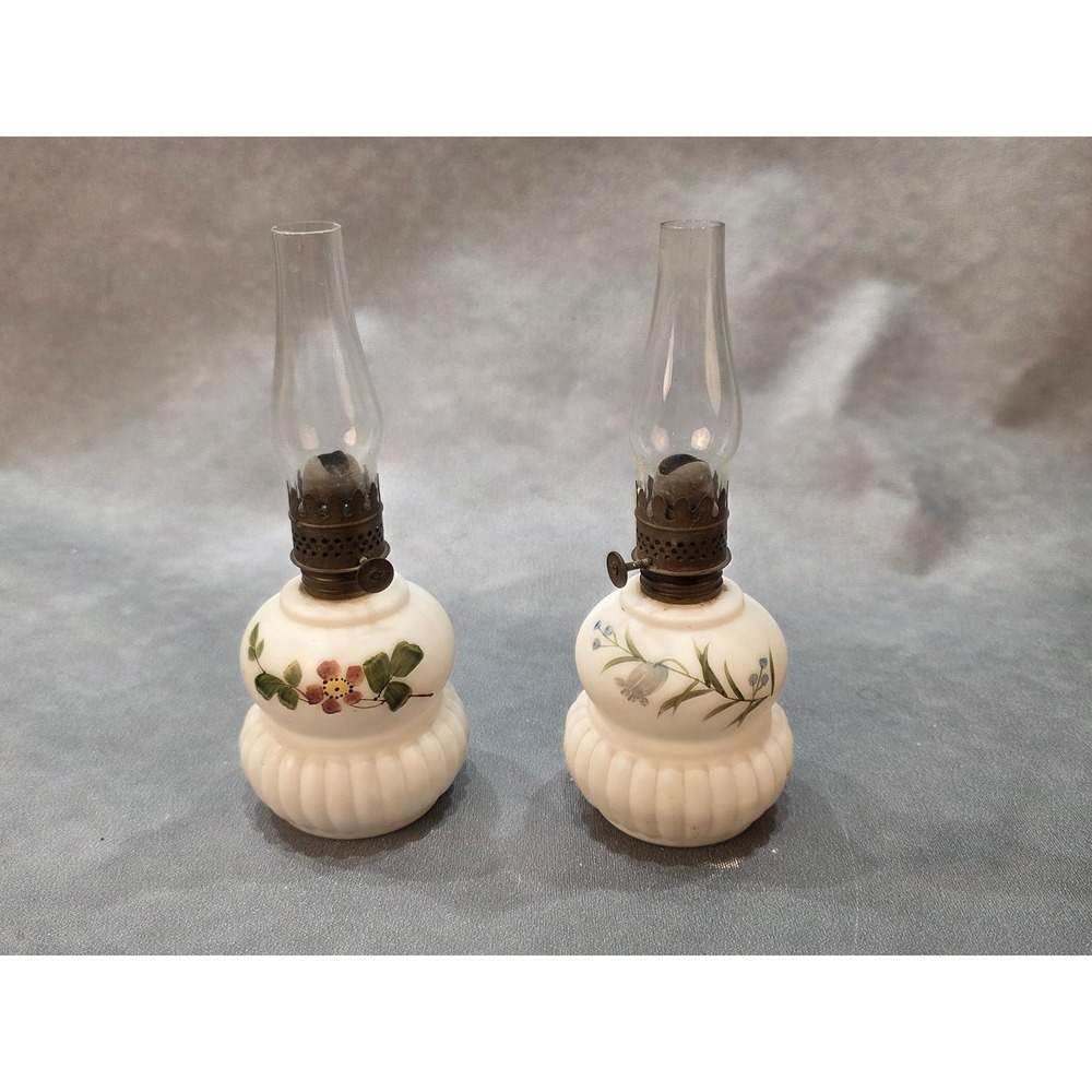 Vintage Miniature Milk Glass Oil Lamps Pair Hand Painted Floral 8.5 Inch Set